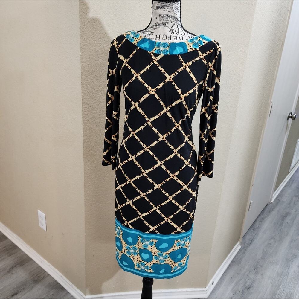 Muse black and teal long sleeve bodycon dress size 2 XS